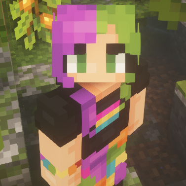 In-game selfie of Didi's Minecraft character. He has green eyes, and his long hair is half purple, half green. He is wearing a black T-shirt with the pan pride flag on it, a rainbow bracelet, patchwork pants with rainbow colors, and black shoes.