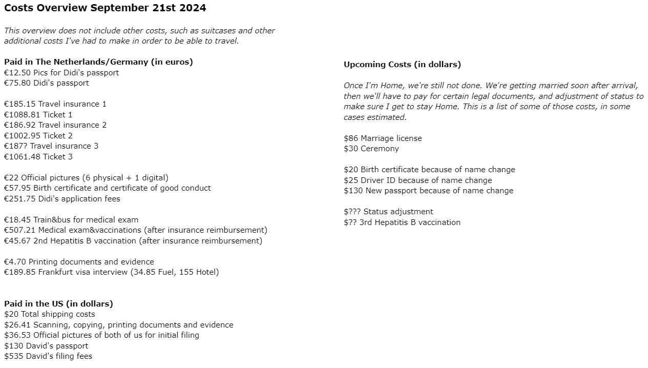Costs Overview September 21st 2024 This overview does not include other costs, such as suitcases and other additional costs I've had to make in order to be able to travel. Paid in The Netherlands/Germany (in euros) €12.50 Pics for Didi's passport €75.80 Didi's passport €185.15 Travel insurance 1 €1088.81 Ticket 1 €186.92 Travel insurance 2 €1002.95 Ticket 2 €187? Travel insurance 3 €1061.48 Ticket 3 €22 Official pictures (6 physical + 1 digital) €57.95 Birth certificate and certificate of good conduct €251.75 Didi's application fees €18.45 Train&bus for medical exam €507.21 Medical exam&vaccinations (after insurance reimbursement) €45.67 2nd Hepatitis B vaccination (after insurance reimbursement) €4.70 Printing documents and evidence €189.85 Frankfurt visa interview (34.85 Fuel, 155 Hotel) Paid in the US (in dollars) $20 Total shipping costs $26.41 Scanning, copying, printing documents and evidence $36.53 Official pictures of both of us for initial filing $130 David's passport $535 David's filing fees Upcoming Costs (in dollars) Once I'm Home, we're still not done. We're getting married soon after arrival, then we'll have to pay for certain legal documents, and adjustment of status to make sure I get to stay Home. This is a list of some of those costs, in some cases estimated. $86 Marriage license $30 Ceremony $20 Birth certificate because of name change $25 Driver ID because of name change $130 New passport because of name change $??? Status adjustment $?? 3rd Hepatitis B vaccination