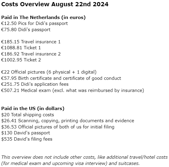 Costs Overview August 22nd 2024 Paid in The Netherlands (in euros) €12.50 Pics for Didi's passport €75.80 Didi's passport €185.15 Travel insurance 1 €1088.81 Ticket 1 €186.92 Travel insurance 2 €1002.95 Ticket 2 €22 Official pictures (6 physical + 1 digital) €57.95 Birth certificate and certificate of good conduct €251.75 Didi's application fees €507.21 Medical exam (excl. what was reimbursed by insurance) Paid in the US (in dollars) $20 Total shipping costs $26.41 Scanning, copying, printing documents and evidence $36.53 Official pictures of both of us for initial filing $130 David's passport $535 David's filing fees This overview does not include other costs, like additional travel/hotel costs (for medical exam and upcoming visa interview) and suitcases.