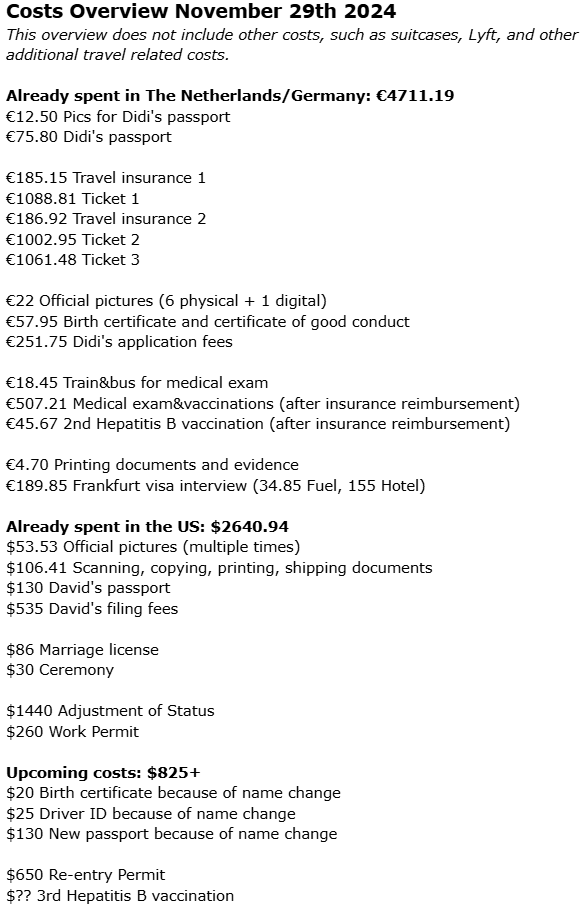Costs Overview November 29th 2024 This overview does not include other costs, such as suitcases, Lyft, and other additional travel related costs. Already spent in The Netherlands/Germany: €4711.19 €12.50 Pics for Didi's passport €75.80 Didi's passport €185.15 Travel insurance 1 €1088.81 Ticket 1 €186.92 Travel insurance 2 €1002.95 Ticket 2 €1061.48 Ticket 3 €22 Official pictures (6 physical + 1 digital) €57.95 Birth certificate and certificate of good conduct €251.75 Didi's application fees €18.45 Train&bus for medical exam €507.21 Medical exam&vaccinations (after insurance reimbursement) €45.67 2nd Hepatitis B vaccination (after insurance reimbursement) €4.70 Printing documents and evidence €189.85 Frankfurt visa interview (34.85 Fuel, 155 Hotel) Already spent in the US: $2640.94 $53.53 Official pictures (multiple times) $106.41 Scanning, copying, printing, shipping documents $130 David's passport $535 David's filing fees $86 Marriage license $30 Ceremony $1440 Adjustment of Status $260 Work Permit Upcoming costs: $825+ $20 Birth certificate because of name change $25 Driver ID because of name change $130 New passport because of name change $650 Re-entry Permit $?? 3rd Hepatitis B vaccination