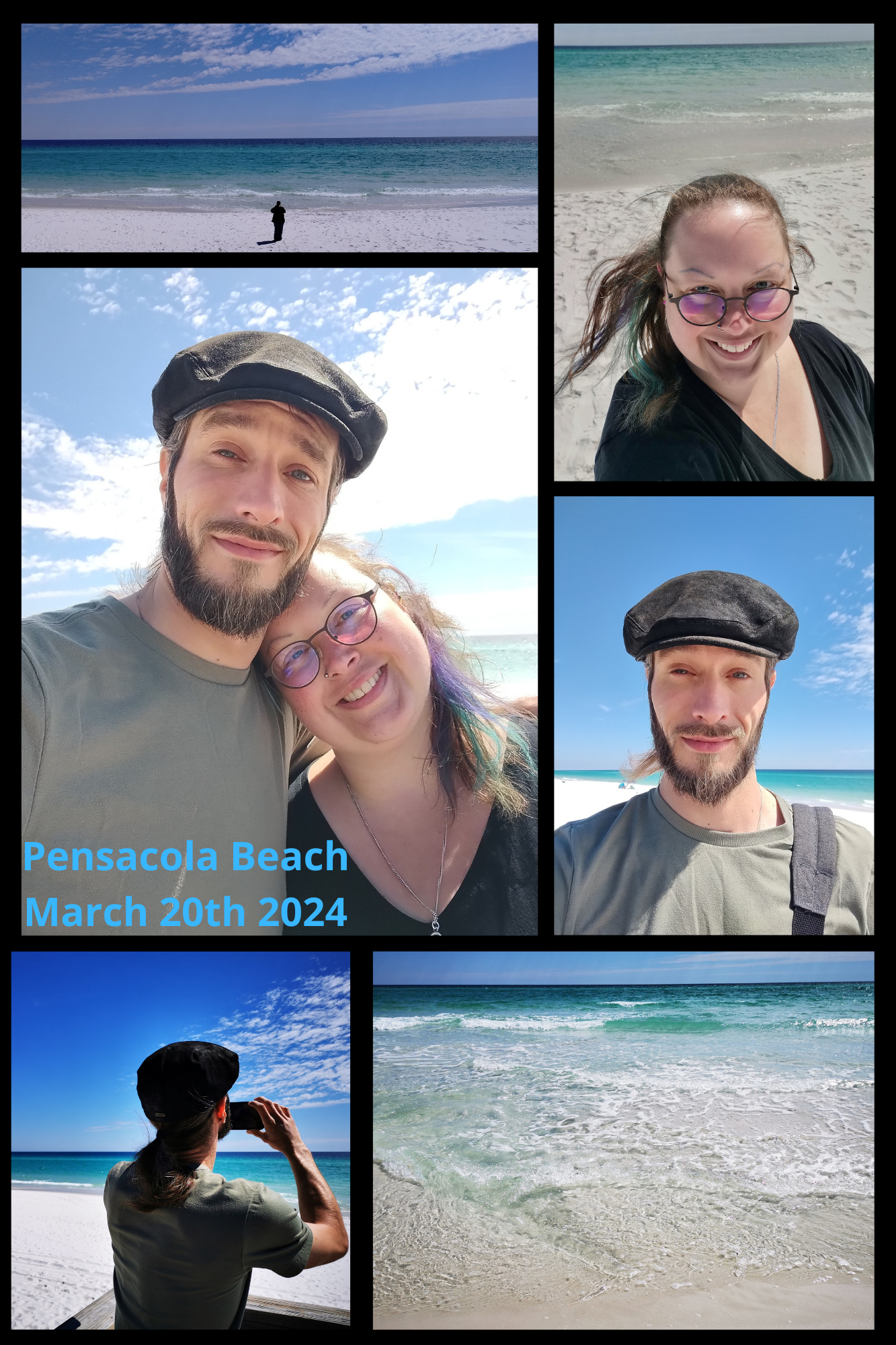 Collage of six pictures. 1: Wide, far away shot of Didi looking at the Atlantic ocean, his back towards the camera. The water has various shades of green, blue, turquoise. The sand is pristine white. 2: Selfie of David and Didi, with the ocean, blue sky and thin white clouds in the background. Didi's head is resting on David's shoulder. David has his arm around Didi. They both look proud, relaxed and happy. David is wearing a black suede driver's cap and olive green T-shirt. He has a full, but neatly trimmed beard. Didi is wearing a black V-neck T-shirt and black framed glasses. The wind is blowing some of his green and purple strands of hair towards the camera. 3: Selfie of Didi with the ocean in the background. He has a wide smile on his face, and his ponytail is blowing in the wind. 4: Selfie of David with the beach and ocean in the background. 5: David taking pictures of the beach and ocean, as seen from directly behind him. 6: Close up picture of the Atlantic ocean, as seen from the very edge of Pensacola Beach. The water nearly touches the camera.
