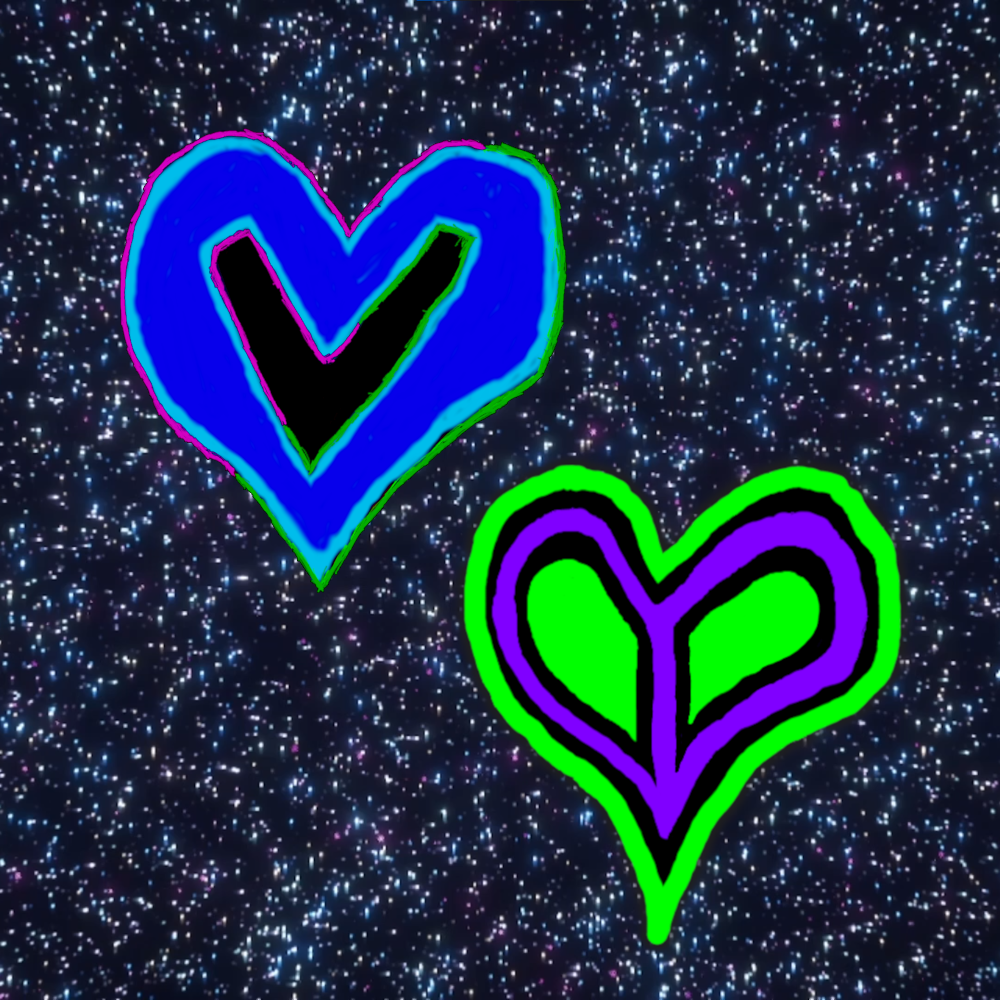 Image of two hearts, representing David and Didi. David's heart is a combination of dark and light blue, lined with pink and green, and a black V in the middle. Didi's heart is a combination of green and purple with black accents. The background is the starry texture of a Minecraft end portal.