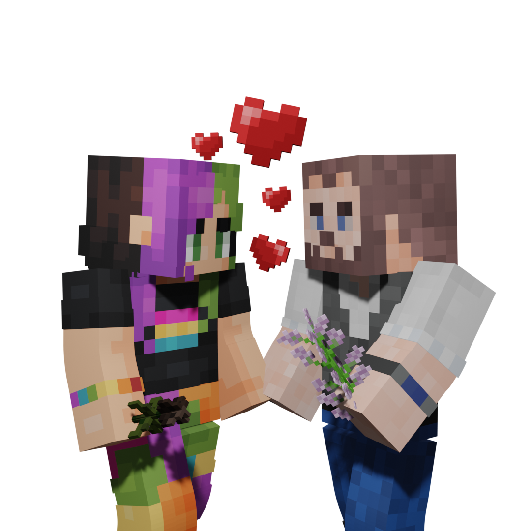 Render image of David and Didi's Minecraft characters. Didi's character has green eyes. His long hair is brown in the back, and half purple, half green in the front. He is wearing a black T-shirt with the pan pride flag on it, a rainbow bracelet, and patchwork pants with rainbow colors. David's character has blue eyes, brown short hair and beard. He is wearing a white button up shirt with rolled up sleeves, a grey vest, blue jeans and a grey and blue watch. They are seen from the side, their bodies halfway turned toward the camera, their eyes fixed on each other, holding hands. In the other hand, they are each holding a Minecraft flower: Didi a wither rose, David a lilac. From between them, four red hearts of various sizes rise up.
