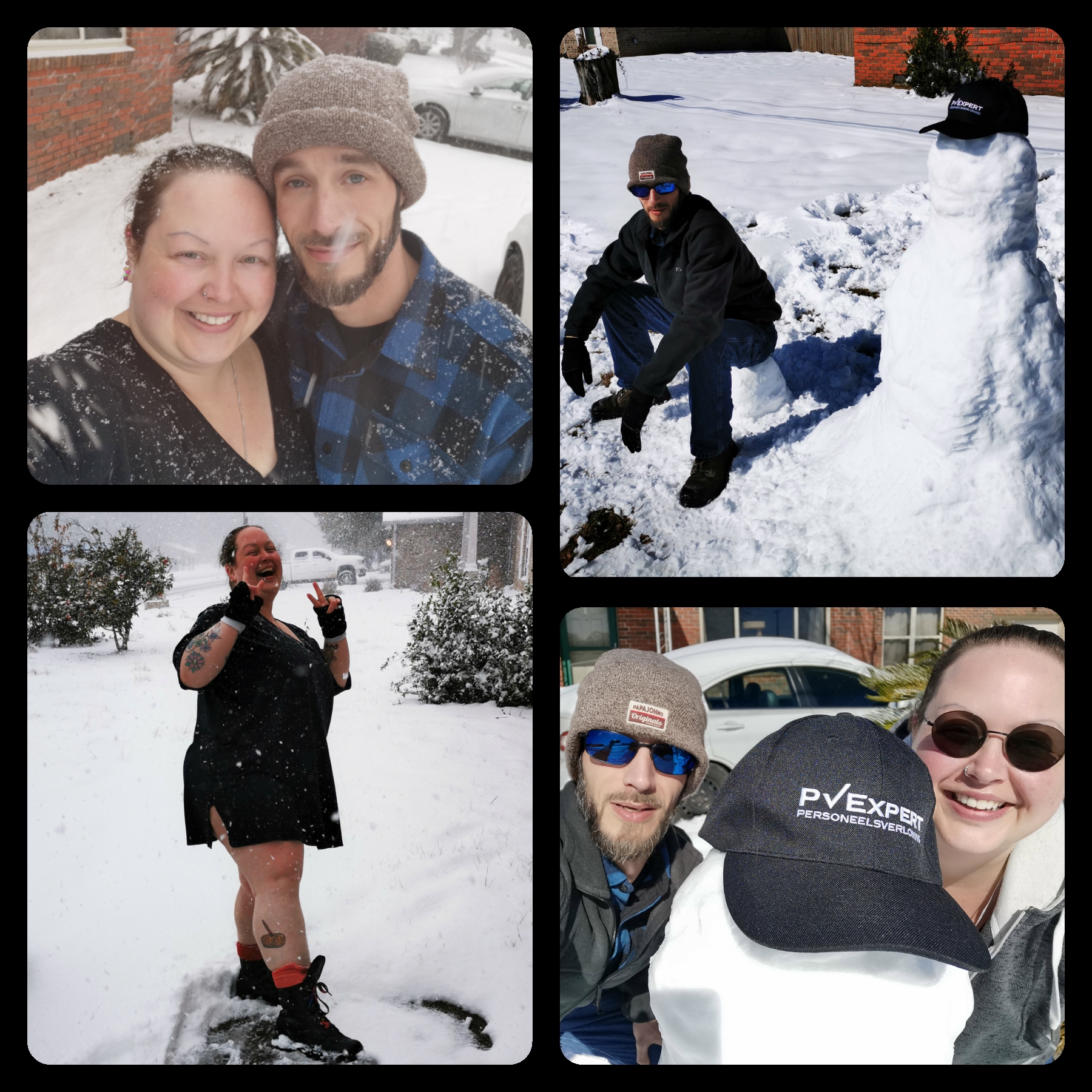Collage of four pictures. 1: Selfie of David and Didi in the still falling snow. Didi is wearing a black T-shirt, David is wearing a grey beanie and a blue-black plaid shirt. 2: Full body picture of Didi in the still falling snow. He is wearing a long black T-shirt, black fingerless gloves, and black army boots. He sticks one of his naked legs out, is making peace signs with both his hands, and is laughing with open mouth. 3: David sitting on a solid block of snow, next to a snowman. David is wearing a grey beanie, black jacket, black gloves, blue jeans and sunglasses, and brown boots. Snowman is wearing a black hat with the PvExpert logo on it. 4: Selfie of David and Didi, with the snowman in the middle. Didi is wearing brown sunglasses and a grey jacket. David and Snowman are dressed as mentioned in pic 3.