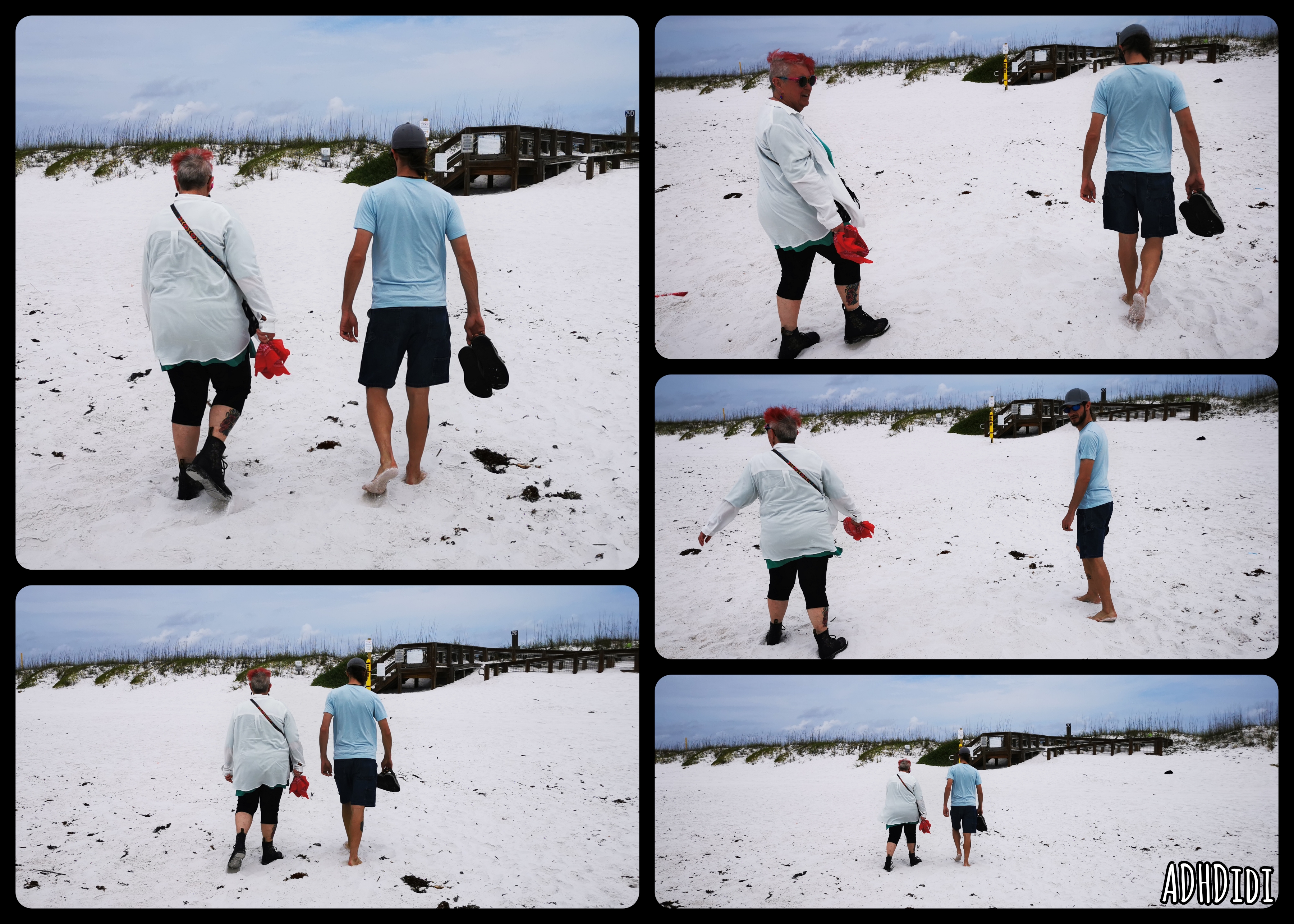 Collage of five pictures. Mem and David walking next to each other on the pristine white beach, away from the camera, towards a wooden walkway. Mem is wearing sunglasses, a green t-shirt, white blouse, black over the knee pants, and black Dr. Martens boots with a flower design. She is holding her bandana-cap in her hand, and small bag over her shoulder. David is wearing sunglasses, a light blue t-shirt, dark blue jeans short and light grey cap. He's holding his shoes in his hand while walking through the sand barefooted.