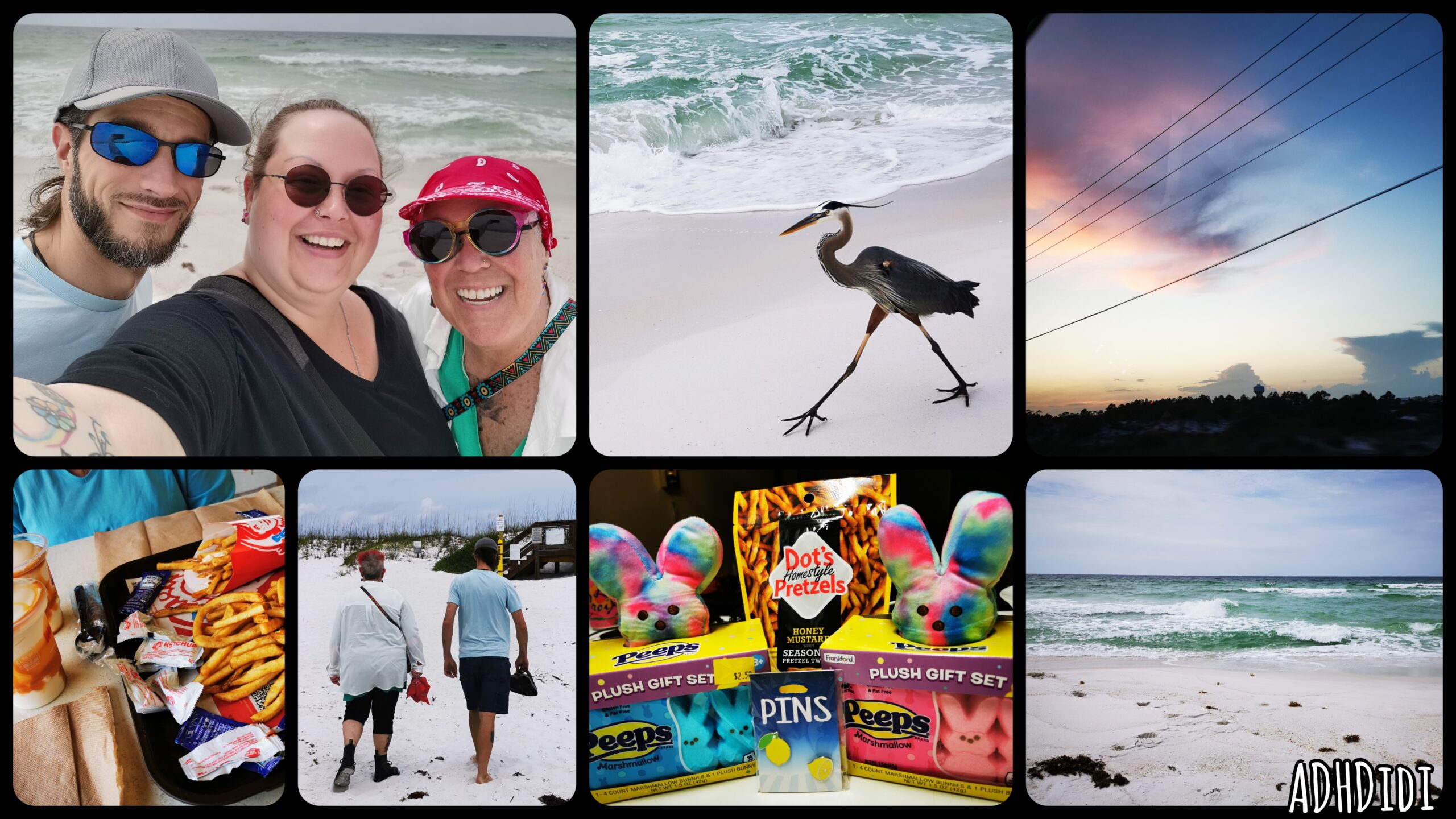 Collage of seven of the pictures featured in this blog post. A selfie of David, Didi and Mem. A Great Blue Heron strutting on the beach. A colorful sunset. Fries and frosties at Wendy's. Mem and David walking next to each other on the beach. A collection of cute gifts and snacks. The Atlantic seen from Pensacola Beach. (I've provided elaborate alt text on the pictures themselves.)