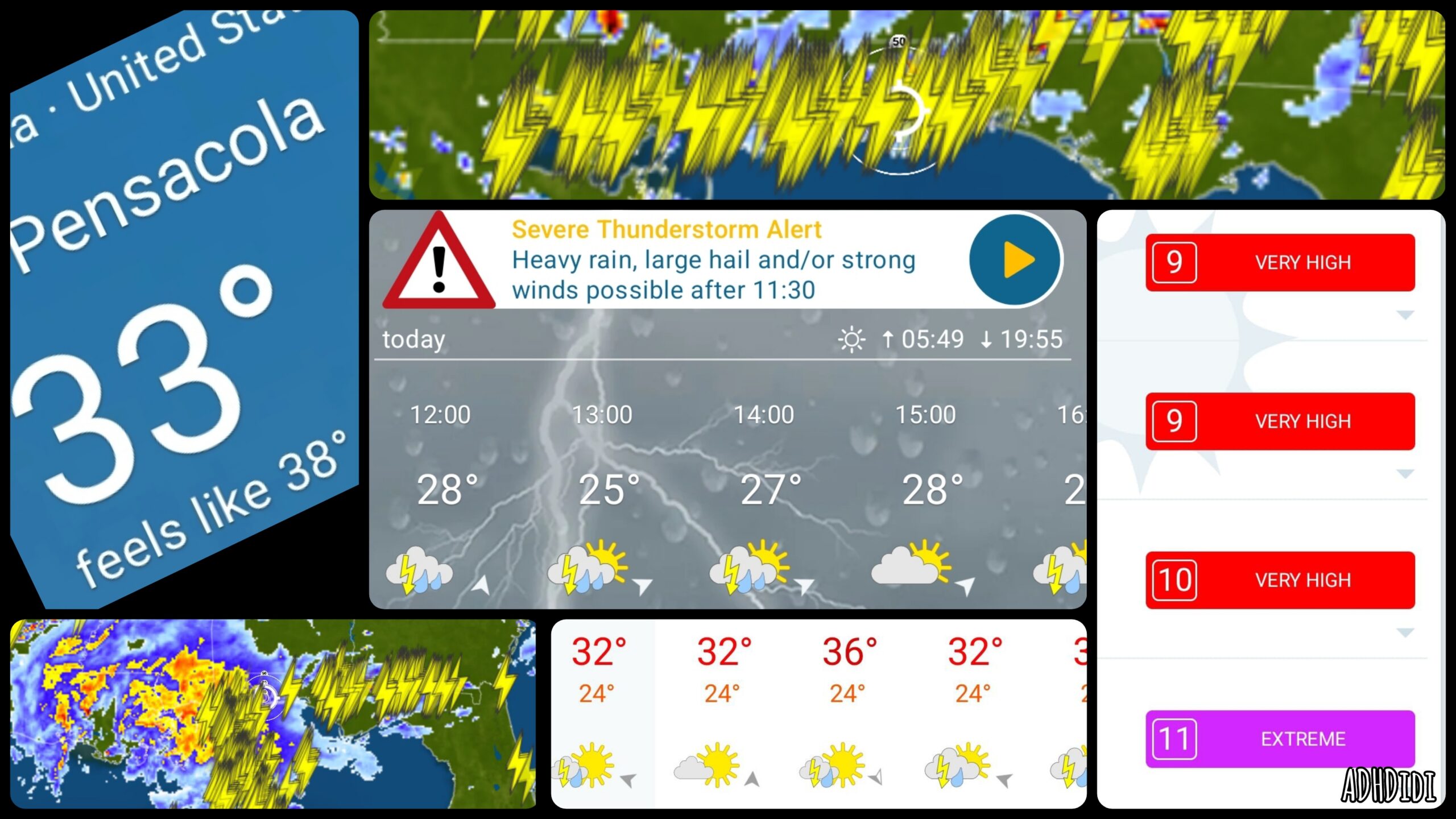 Collage of six screenshots from different weather apps. Shown are massive thunderstorms with a ton of heavy lightning and rain, UV index of 9 (very high) to 11 (extreme), and temperatures up to 36 °C. One of the screenshots says "33 °C, feels like 38".