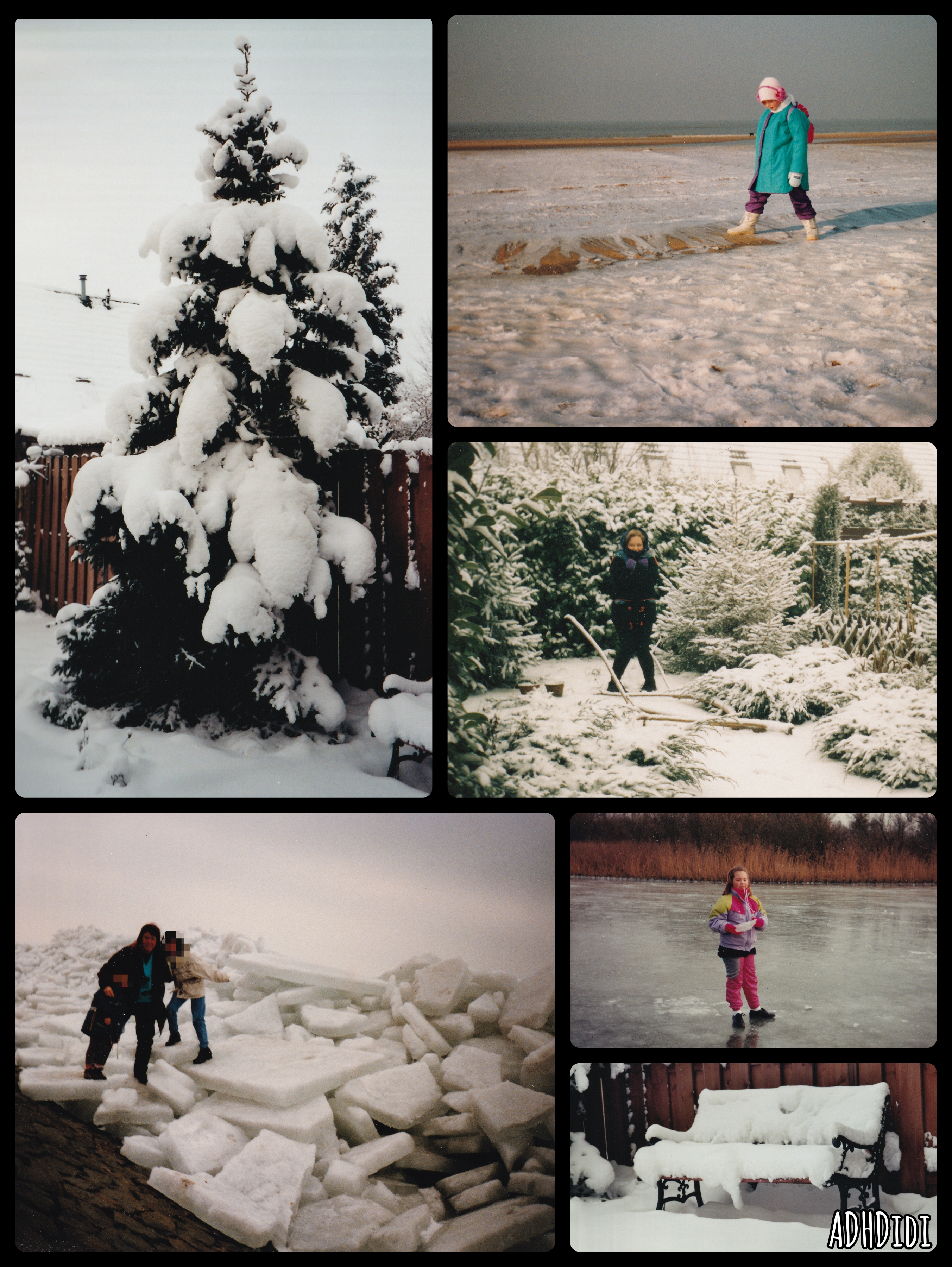 Collage of six pictures from Winters in the 1990s. A garden bench and stereotypical christmas shaped pine tree covered in a thick layer of snow. Didi as a kid in a snow covered garden, on frozen sea water, and on a frozen lake holding a chunk of ice. Didi's mom with two blurred kids, standing on an ice shove: massive piles of ice on a Dutch dike.