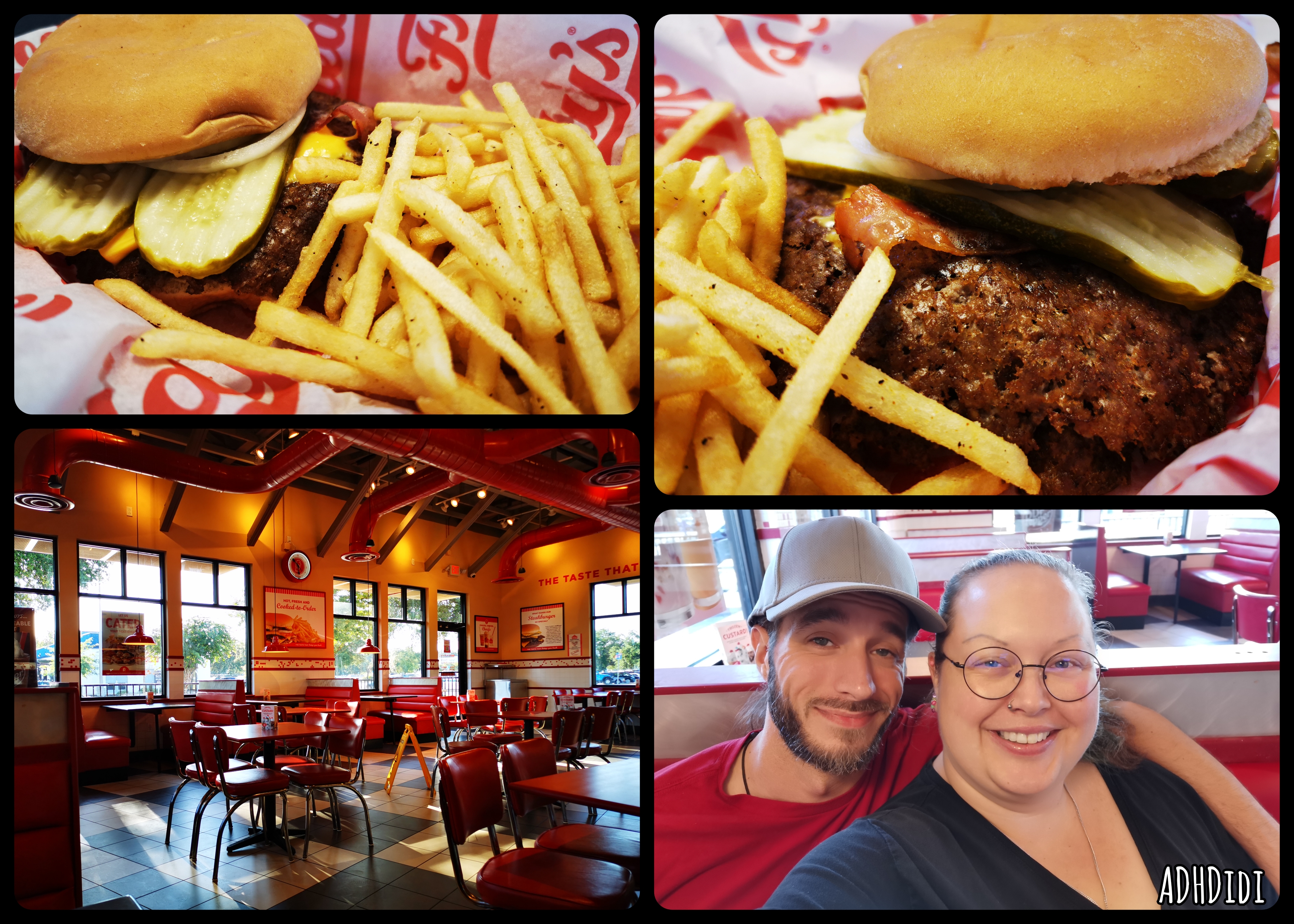 Collage of four pictures. Two of them show food: very skinny, clearly seasoned fries, with next to them a burger that has a little bit of a problem… the patties are too massive for the bun! Also peaking from under the top of the bun are onion rings, bacon, mustard, and two long thick pickle slices. Third picture shows the interior of Freddy's diner. Black and white checkered floor, booths with white tables and red couches, loose red tables with red chairs, red hanging lamps, posters everywhere, and a lot of big red pipes covering the ceiling. Bright sunlight is shining through the many windows along the walls. Fourth picture is a selfie of David with his arm around Didi in one of the booths. David is wearing a bright red shirt and grey cap. Didi is wearing a black shirt and round glasses with a thin black frame. They are both looking into the camera while smiling and looking very happy and chill.
