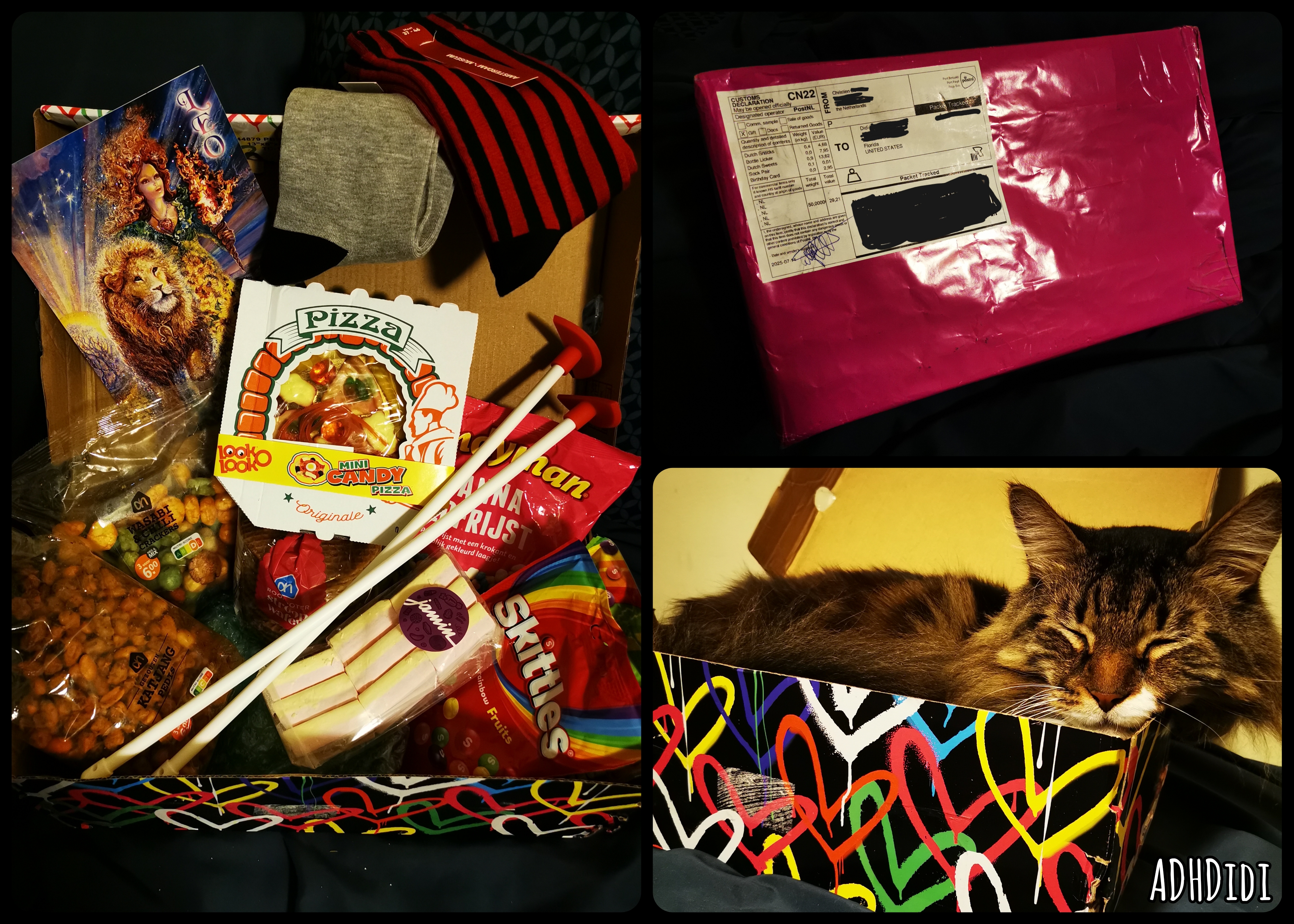 Collage of three pictures. A rectangular package wrapped in solid fuchsia colored wrapping paper with a printed shipping label on it. An open shoebox with colorful hearts on it, and in it socks, "bottle lickers", a card, different kinds of candy and other snacks. That same shoebox but with a semi-longhaired tabby cat in it, eyes closed, looking extremely comfy.