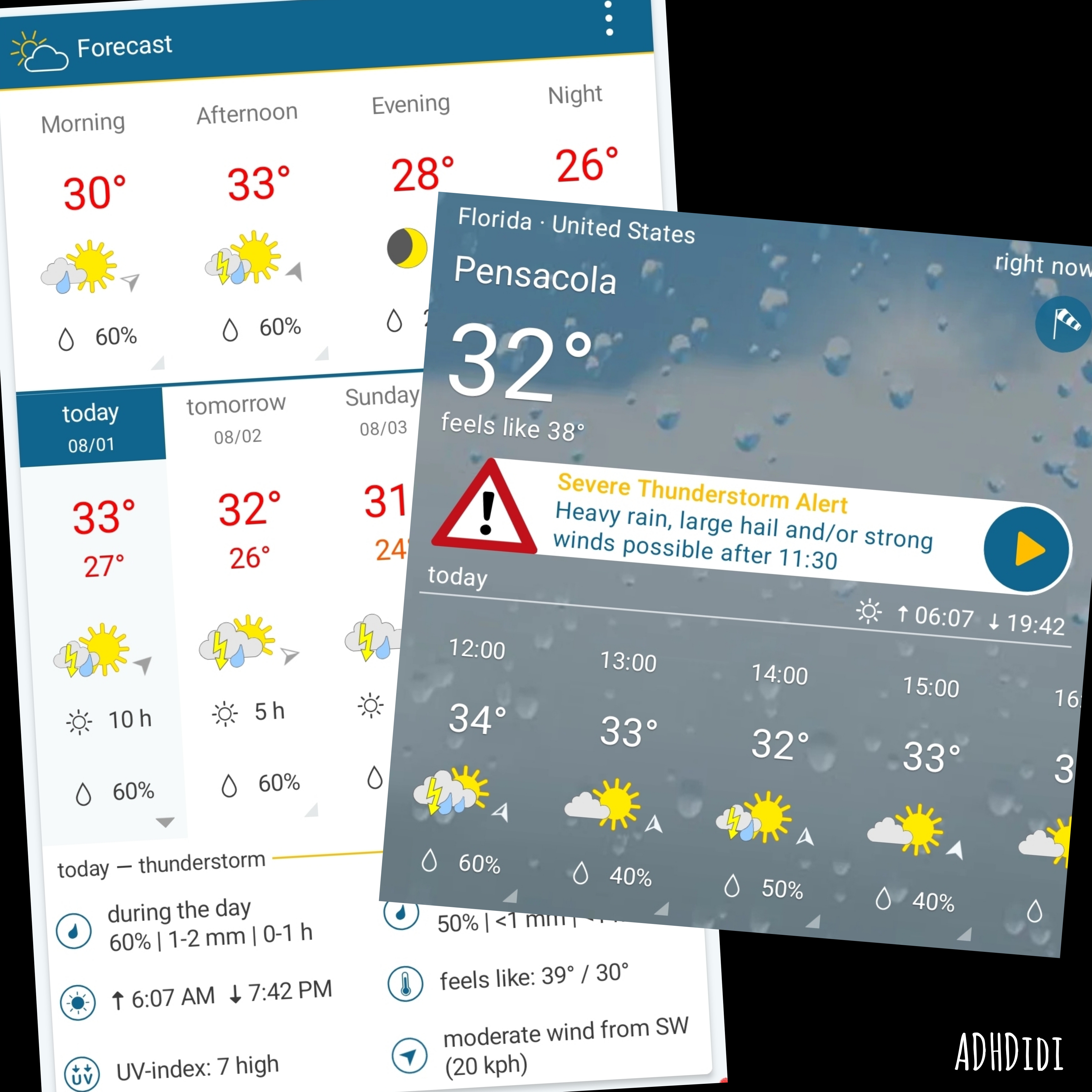 Collage of two weather app screenshots. First one showing temperature in celsius for the next few hours, with current temperature being 32 and feels like 38. A warning reads "severe thunderstorm alert. Heavy rain, large hail and/or strong winds possible after 11:30". Second screenshot shows today's weather, breaking it down into morning, afternoon, evening and night. Temperatures for those times read 30, 33, 28, and 26. Rain and thunderstorms are expected, while only partly cloudy (because it's still the sunshine state).