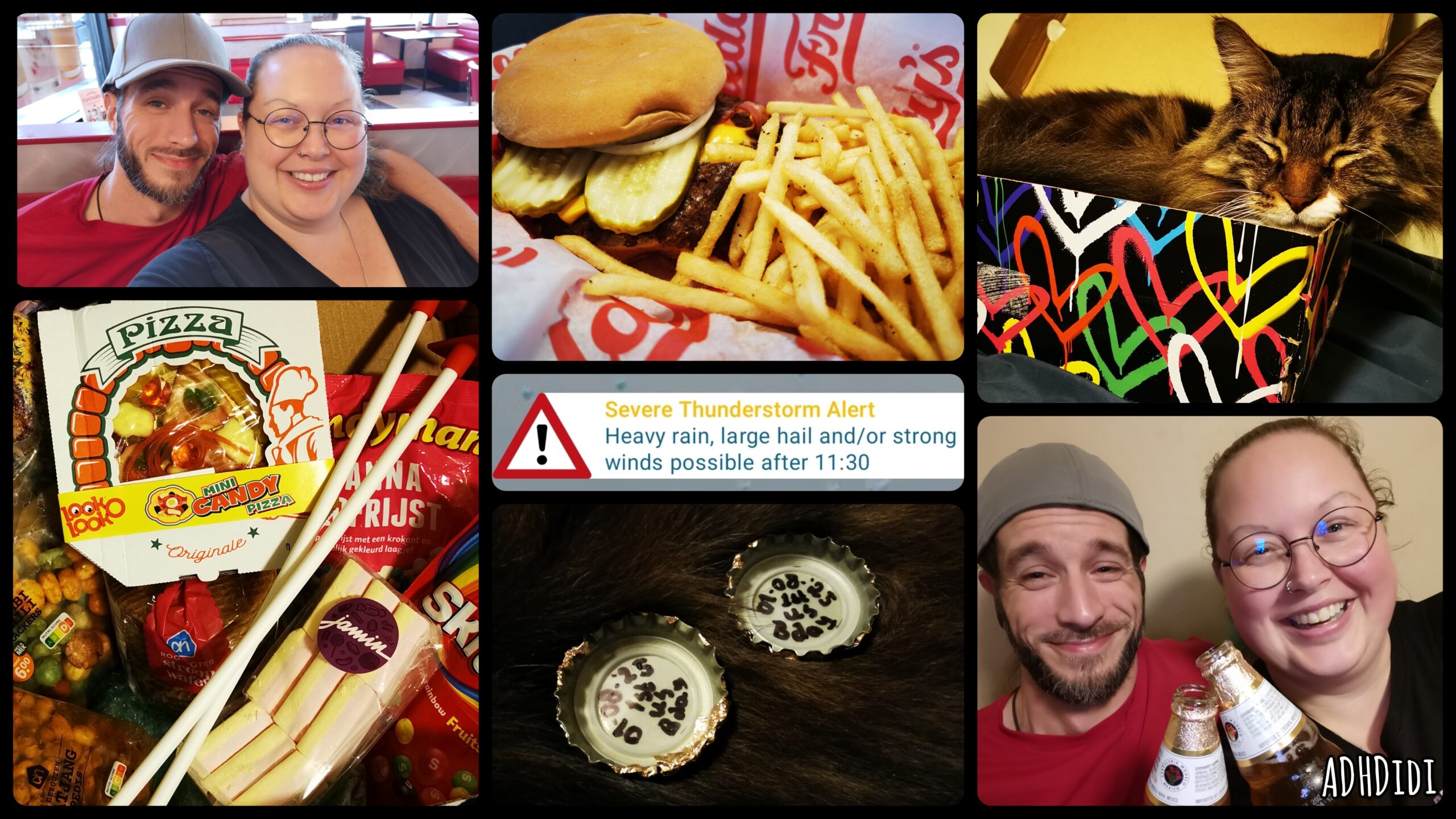 Collage of six of the pictures featured in this blog post. A selfie of David and Didi in a diner, a burger and fries, a semi-longhaired tabby cat in a colorful box, a weather warning about severe thunderstorms, a pile of snacks and candy, two bottle caps with writing on them, and a selfie of David and Didi toasting. (I've provided elaborate alt text on the pictures themselves.)